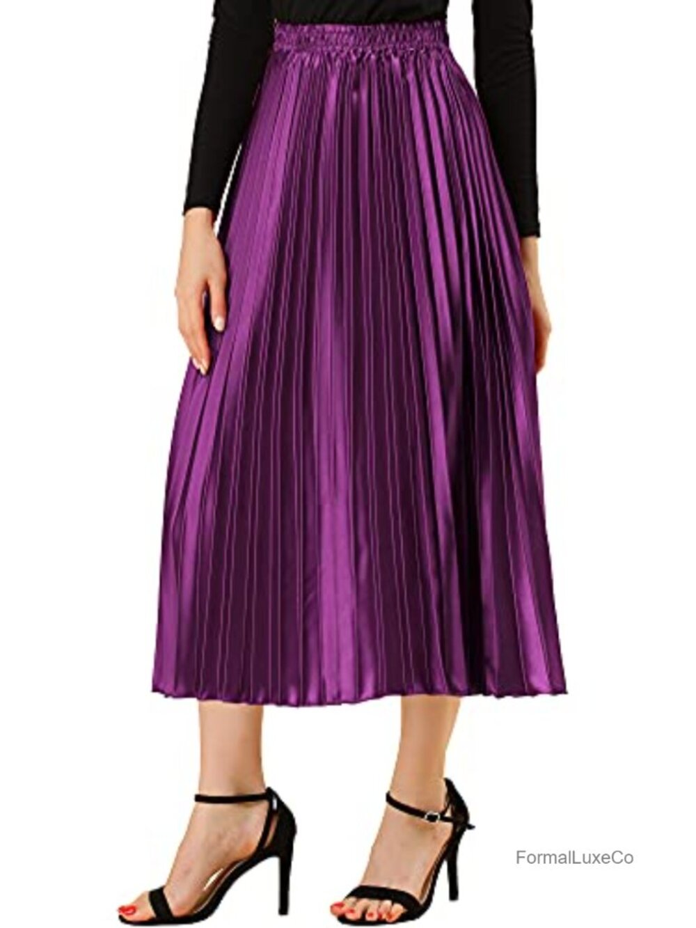 Pleated Midi Skirt High Waisted Metallic Party A-Line